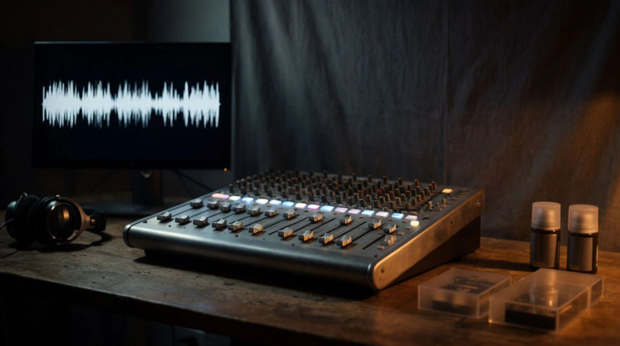 A dim studio desk with a mixing surface and a bright waveform on a dark monitor
