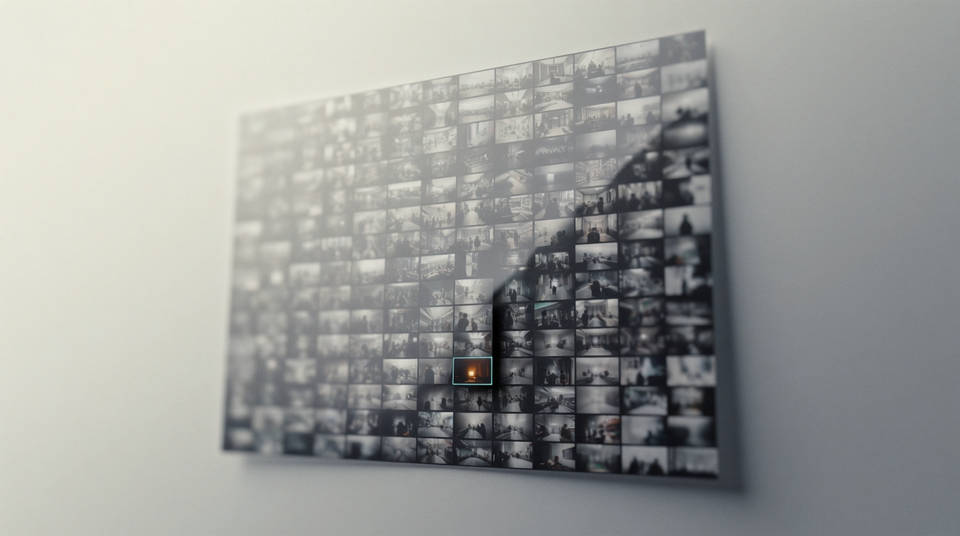 Un mur d'affichage montrant une planche-contact dense d'images vidéo, dont une est mise en avant