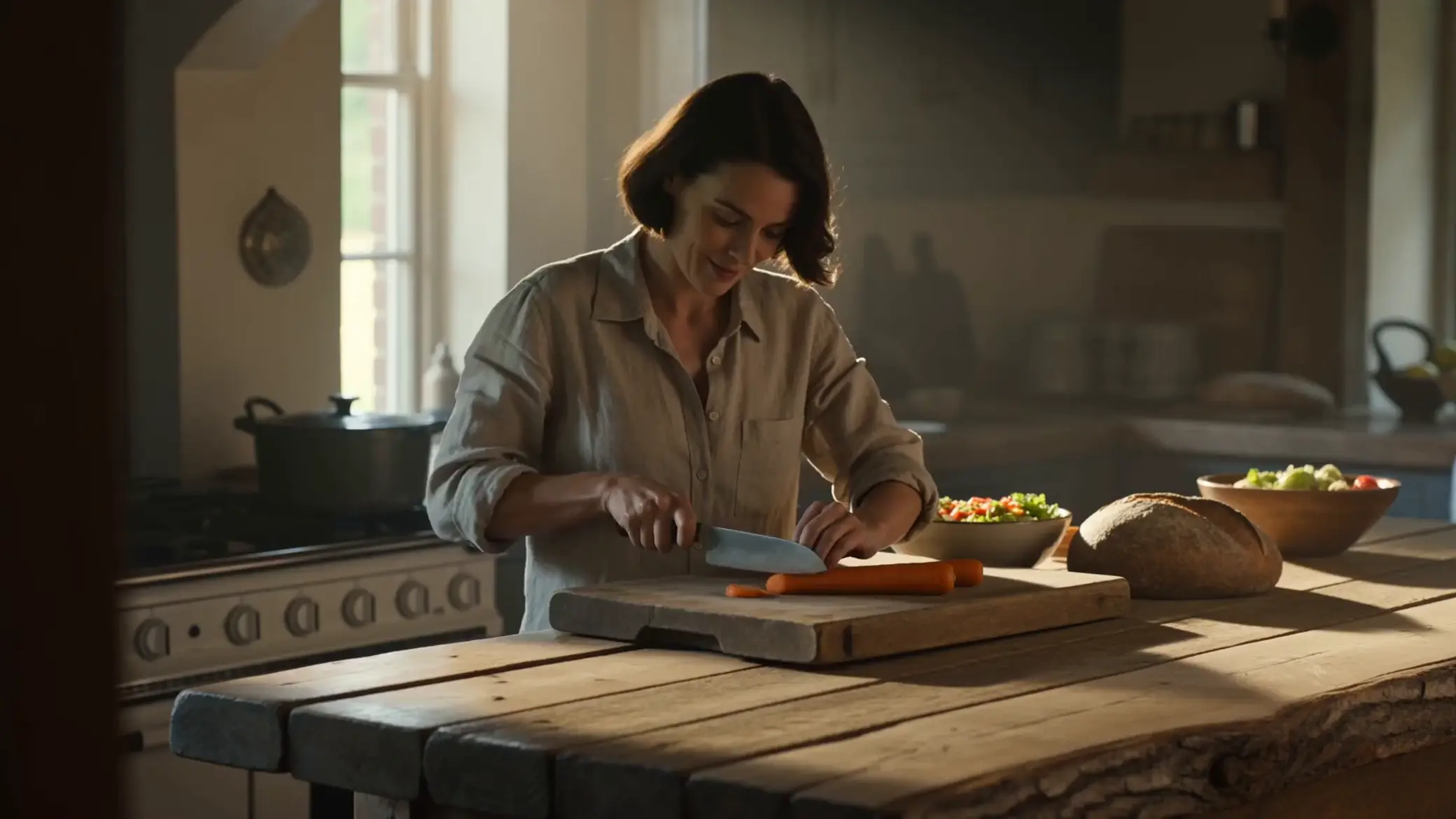 A woman chopping carrots at a wooden kitchen counter in warm window light