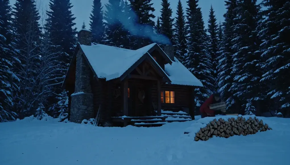 A man in a red jacket carrying firewood to a snowy cabin at dusk