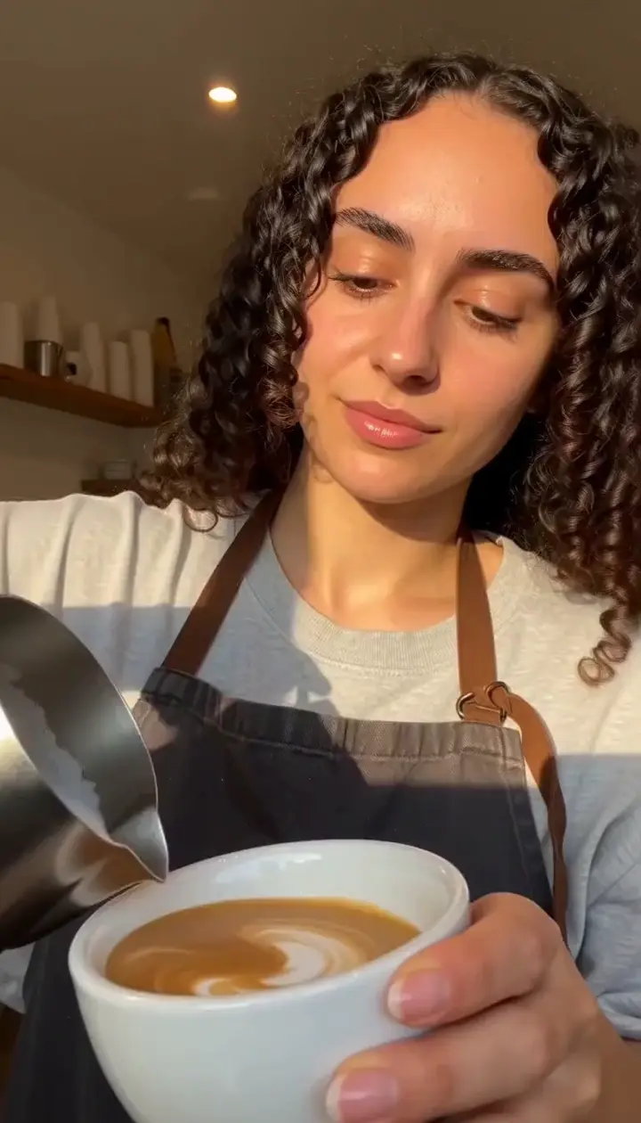 Ein Barista gießt im warmen Morgenlicht Latte Art in eine Tasse