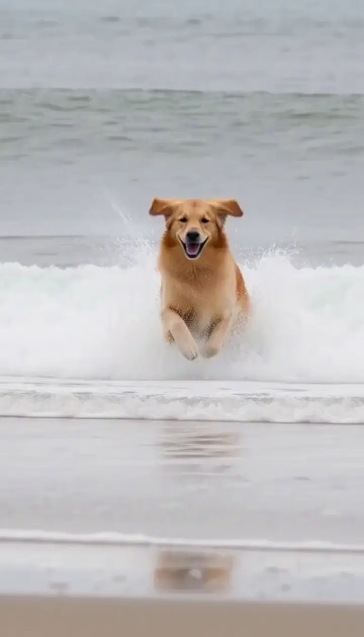 A wet golden retriever shaking off water on a grey beach