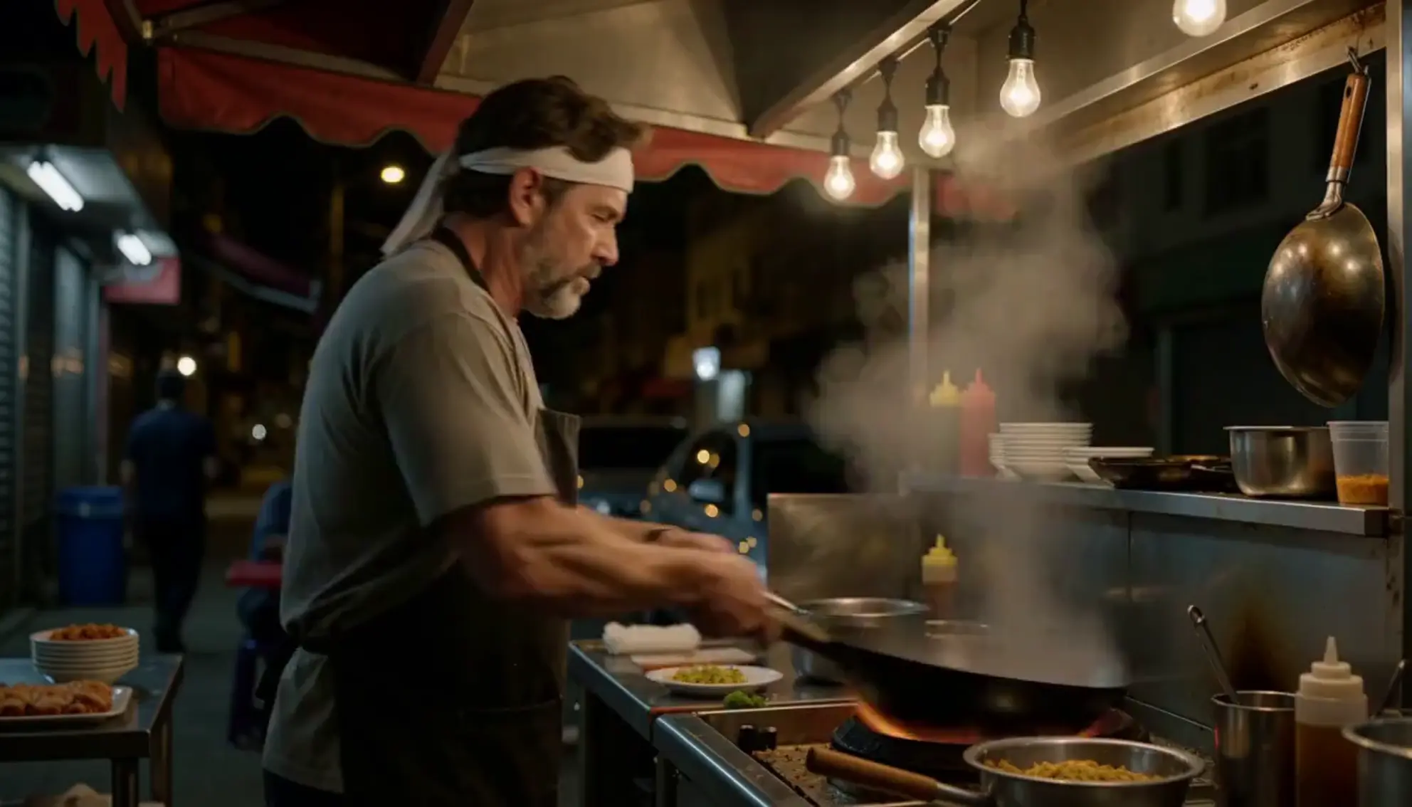 Ein Straßenkoch wirft nachts an einem Stand Nudeln in einem flammenden Wok