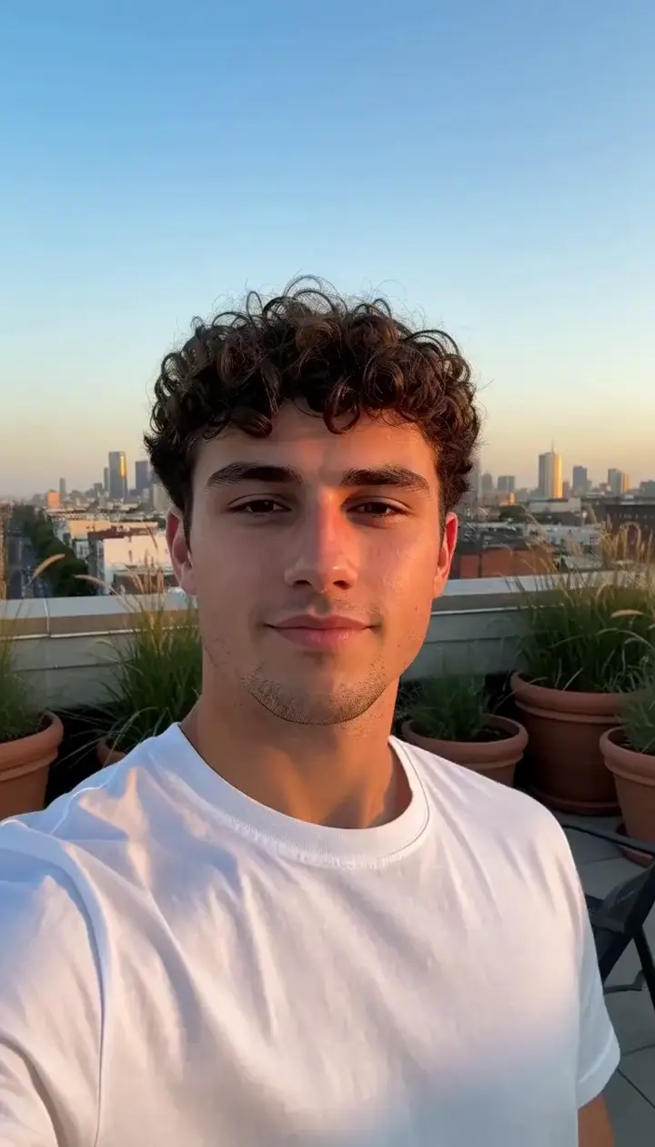 Ein junger Mann im weißen T-Shirt filmt sich selbst auf einem sonnigen Dach in der Stadt
