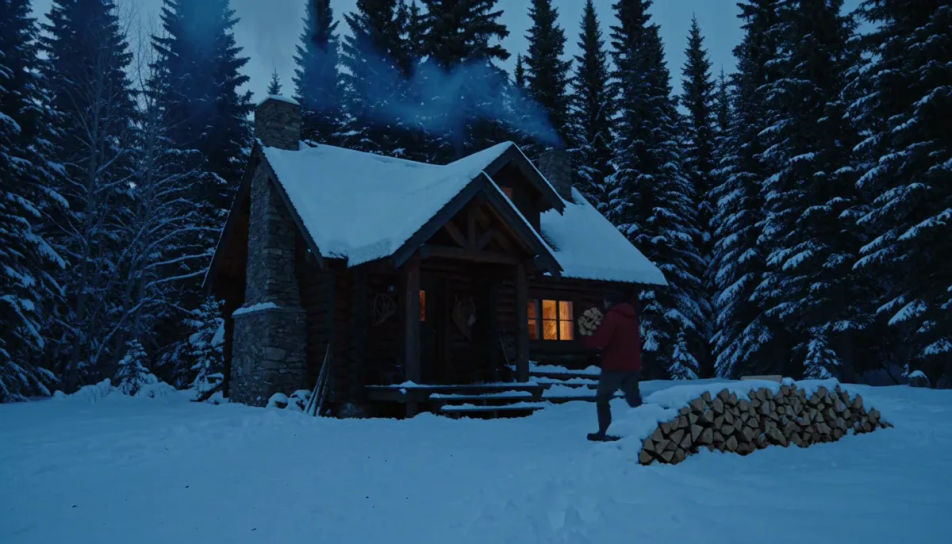 A man in a red jacket walking toward a snowy timber cabin at dusk