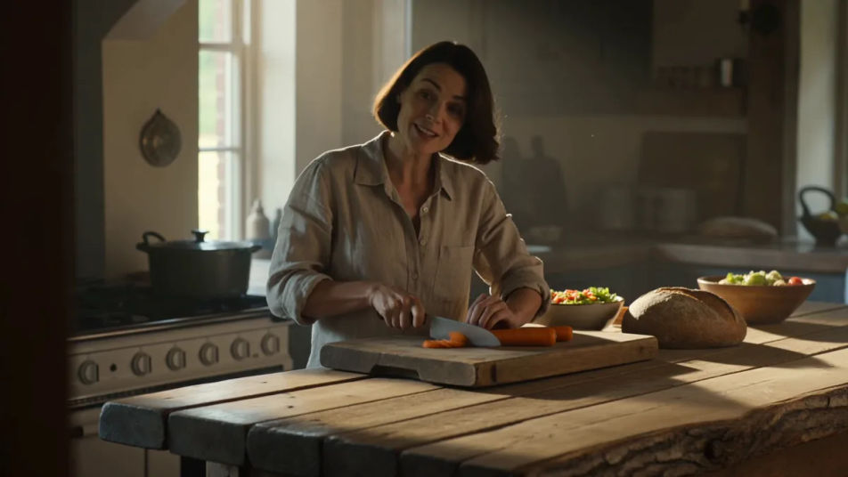 A woman chopping carrots at a wooden kitchen counter in warm window light
