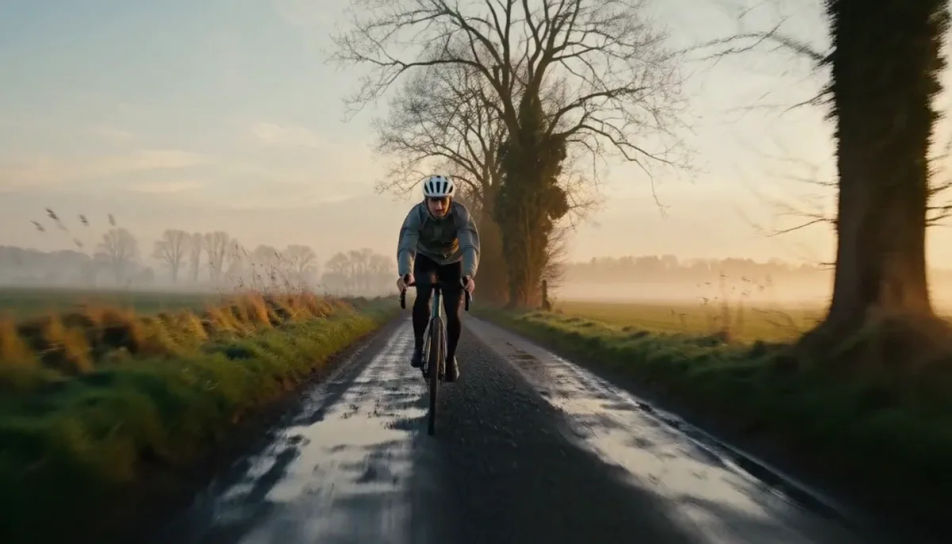 A cyclist riding down a wet country road through misty farmland at dawn
