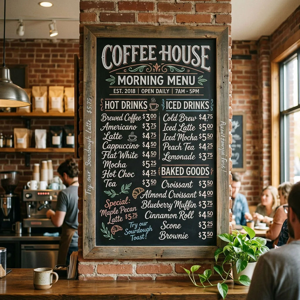 Hand-lettered coffee shop chalkboard menu with prices in warm morning light