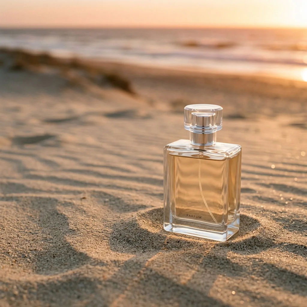 Unbranded glass perfume bottle on rippled sand at golden hour