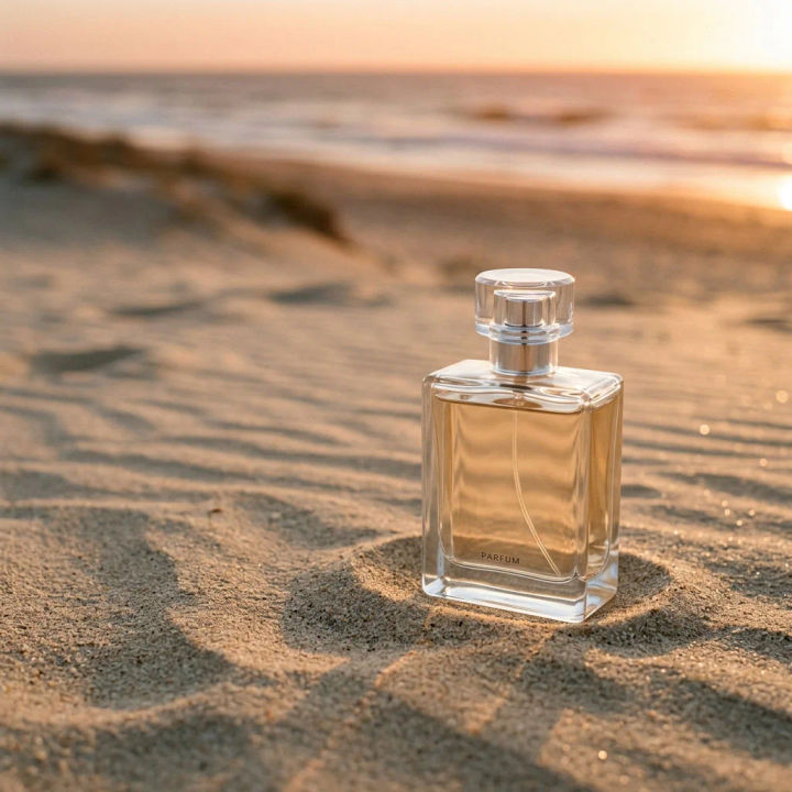 Frasco de perfume de vidro sem marca sobre areia ondulada na hora dourada