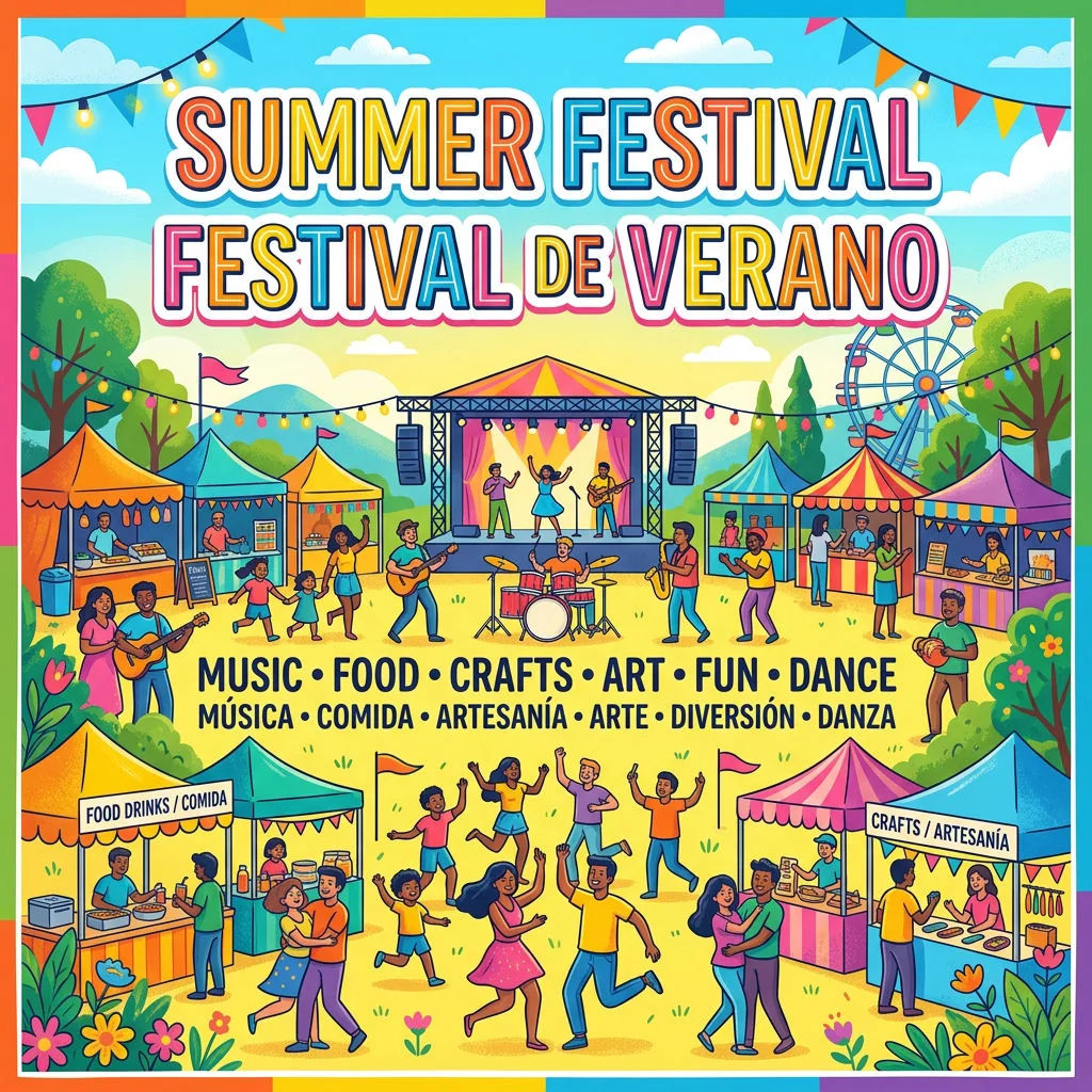 Bright summer festival poster with English and Spanish headlines in matching type
