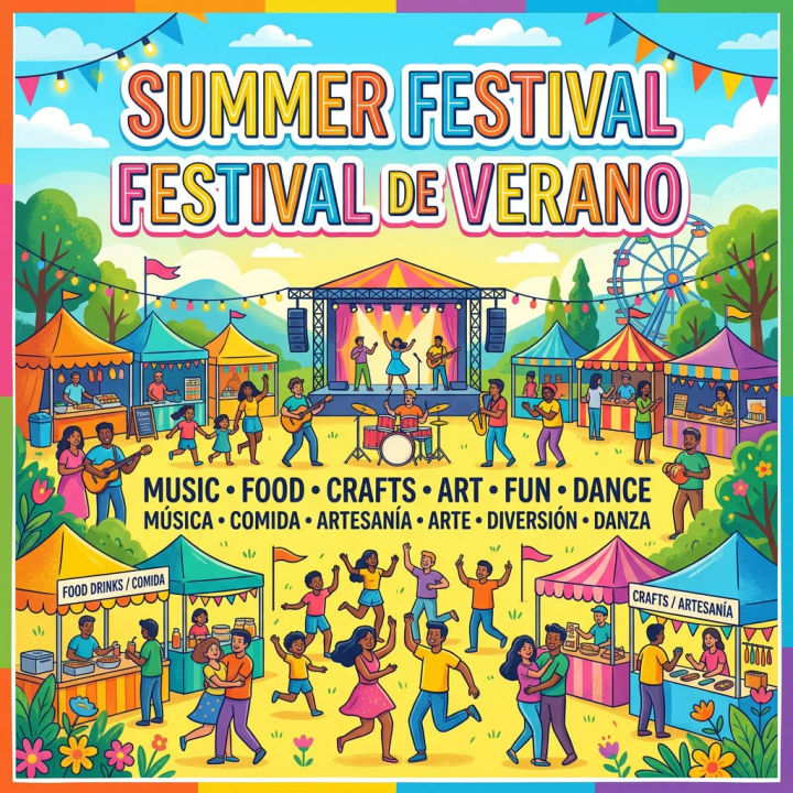 Pôster vibrante de festival de verão com títulos em inglês e espanhol na mesma tipografia