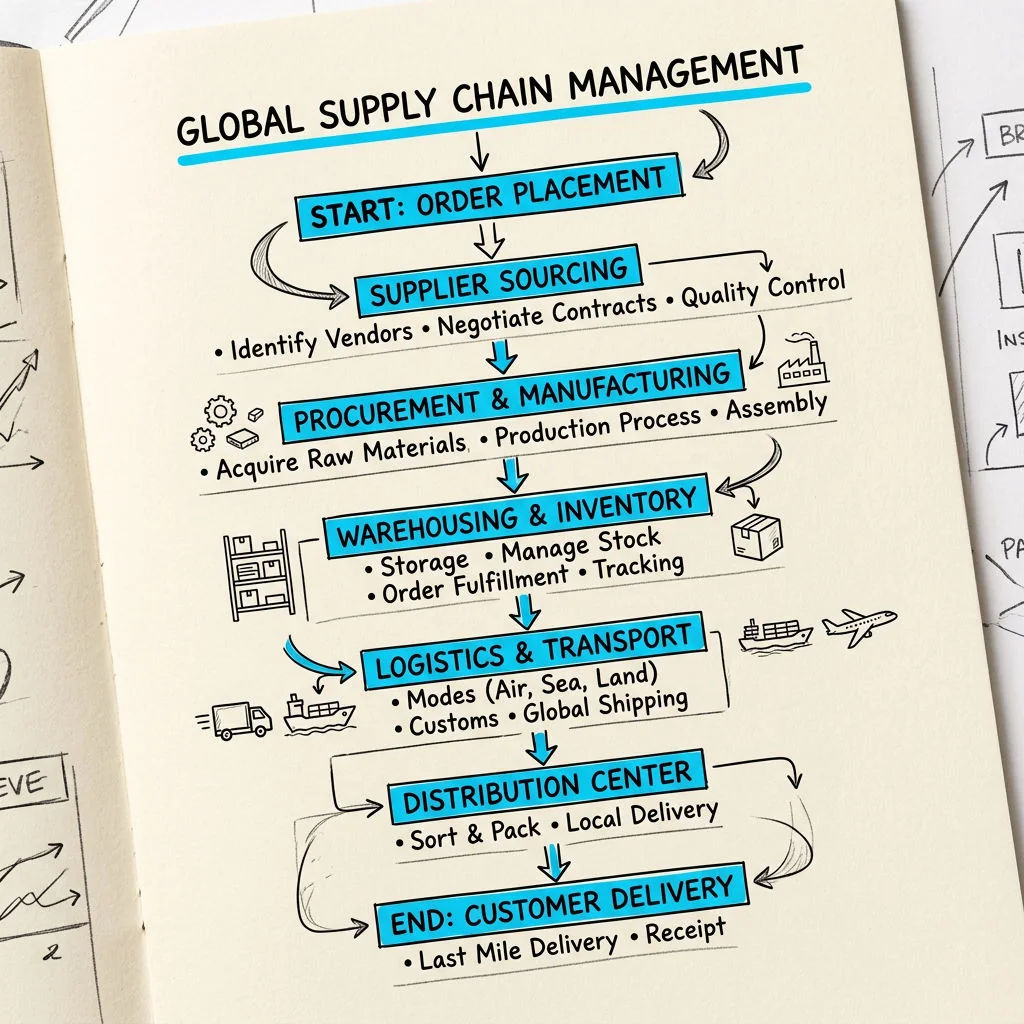 Notebook page with a clean hand-drawn flowchart of labeled boxes and blue accents