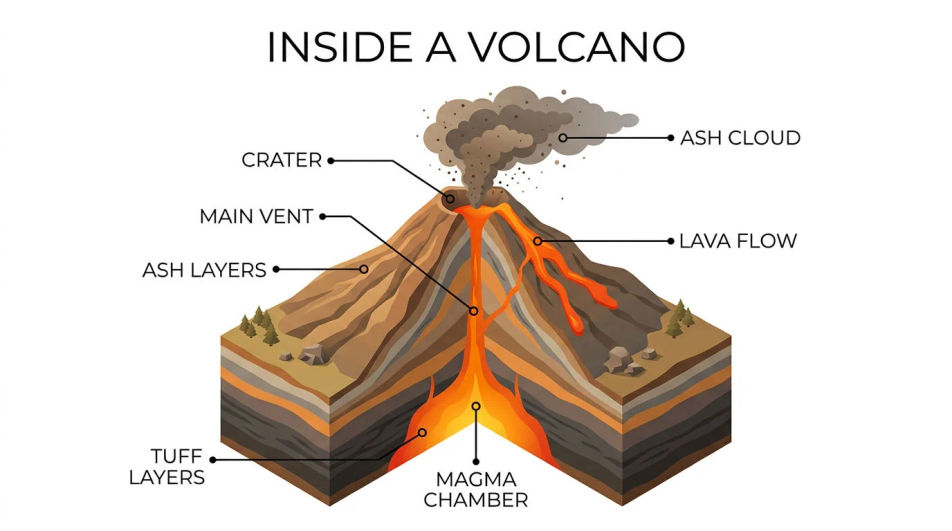 Isometric cutaway infographic of a volcano with labeled magma chamber, vent, crater, ash cloud and lava flow