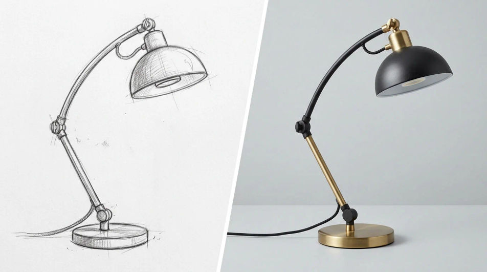 Pencil sketch of a desk lamp beside the same lamp as a brass and black product photo