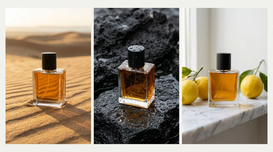 The same amber glass perfume bottle on desert sand, on wet black stone, and on a marble shelf with lemons