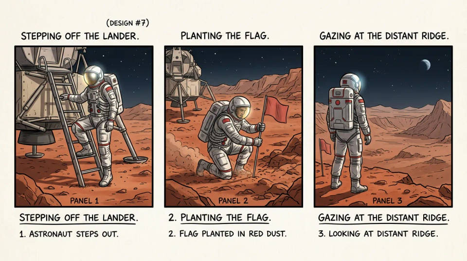 Um storyboard de três painéis com um personagem consistente gerado pelo Nano Banana 2 Lite