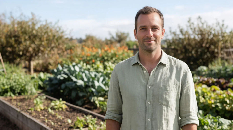 A gardening instructor in a linen shirt teaching beside raised vegetable beds