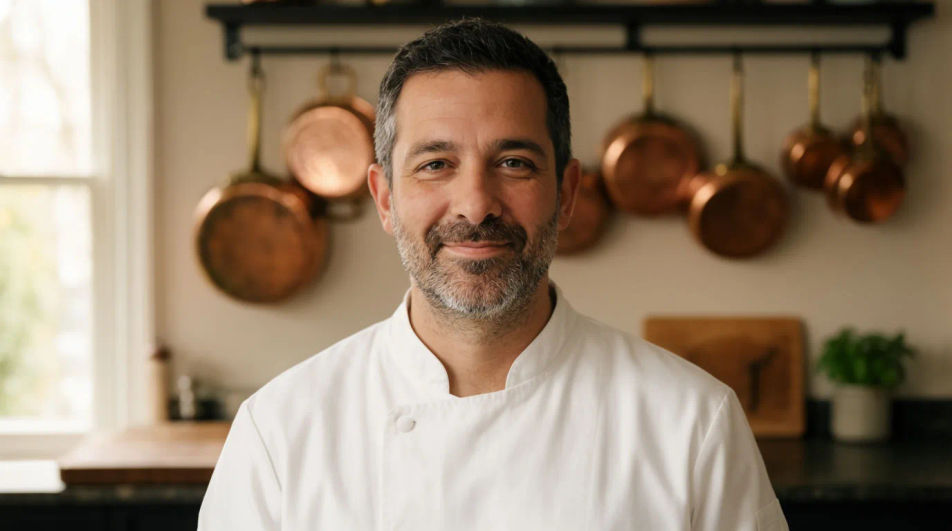 A chef in a white jacket talking to camera in a kitchen with copper pans