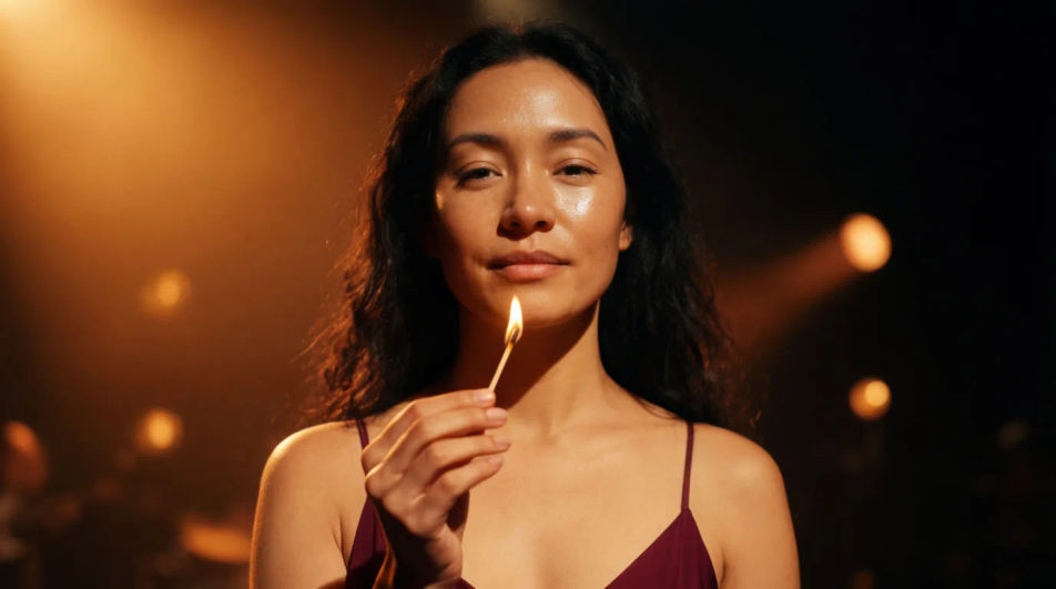 A singer in a burgundy dress holding a lit match under warm stage light