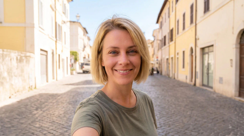 A young woman with a blonde bob smiling into the camera on a cobblestone street