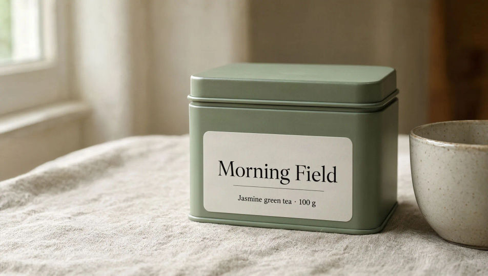 Una lata de té verde salvia con la etiqueta Morning Field, jasmine green tea, 100 g, junto a una taza de cerámica con luz de ventana