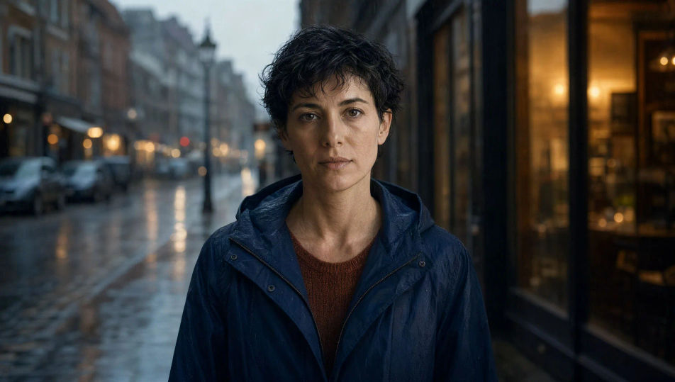 La misma mujer del retrato junto a la ventana, ahora con un impermeable azul marino en una calle lluviosa de la ciudad al atardecer