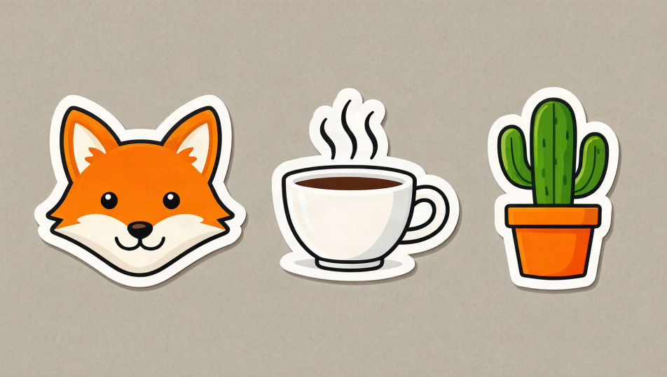 Tres stickers troquelados en fila: la cabeza sonriente de un zorro, una taza de café humeante y un cactus en maceta