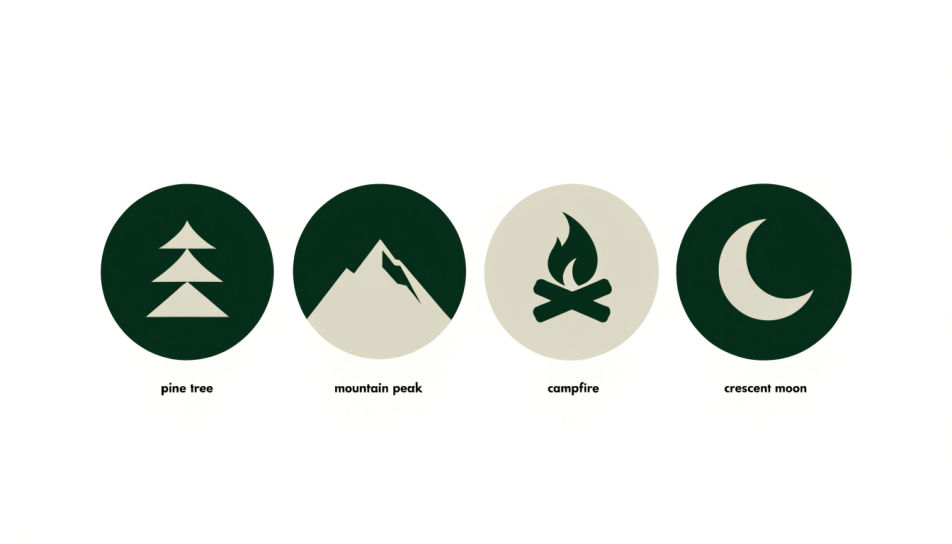 Four flat green and cream emblems for an invented cabin brand: a pine, a peak, a campfire and a moon