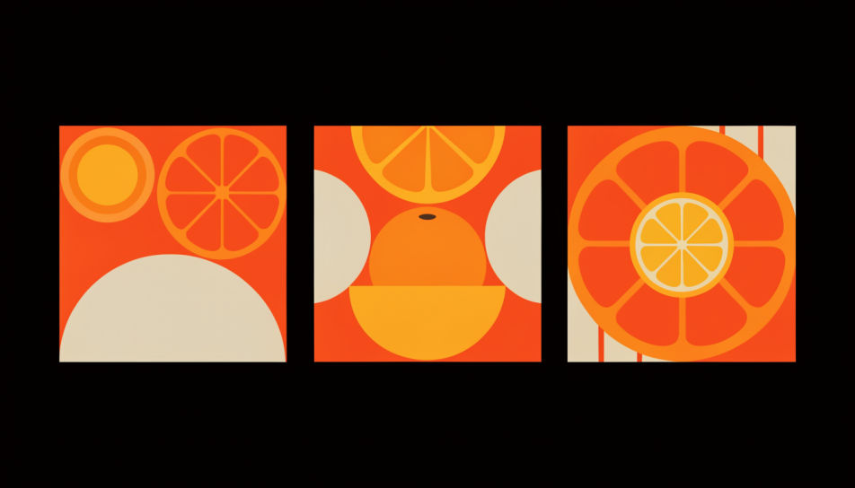 Three orange citrus social tiles in one shared palette for an invented juice bar