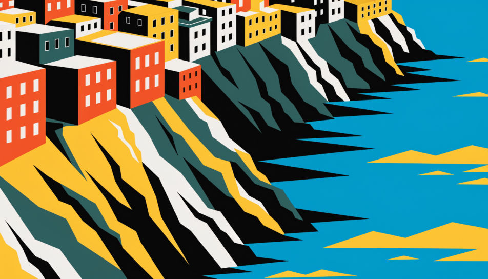 Bold flat travel poster of a colorful cliffside town above a turquoise sea