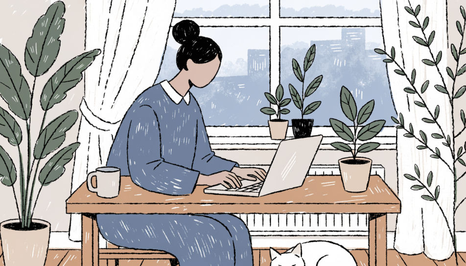 Textured illustration of a person working at a desk by a window with plants and a sleeping cat