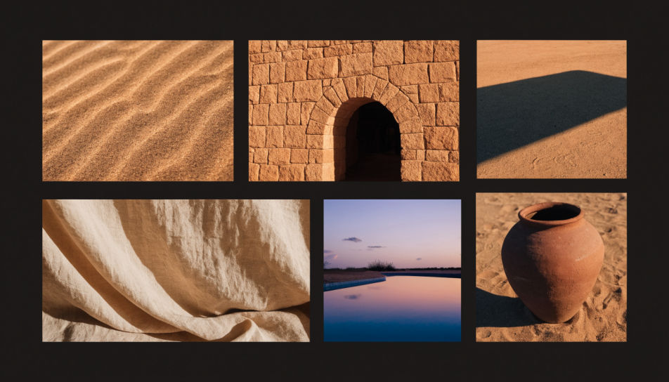 A Recraft V4.1 Flash moodboard of six desert hotel frames in sand and terracotta tones
