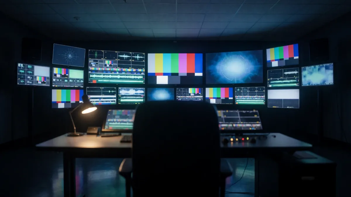 A broadcast quality control suite at night, calibrated reference monitors glowing against a dark wall
