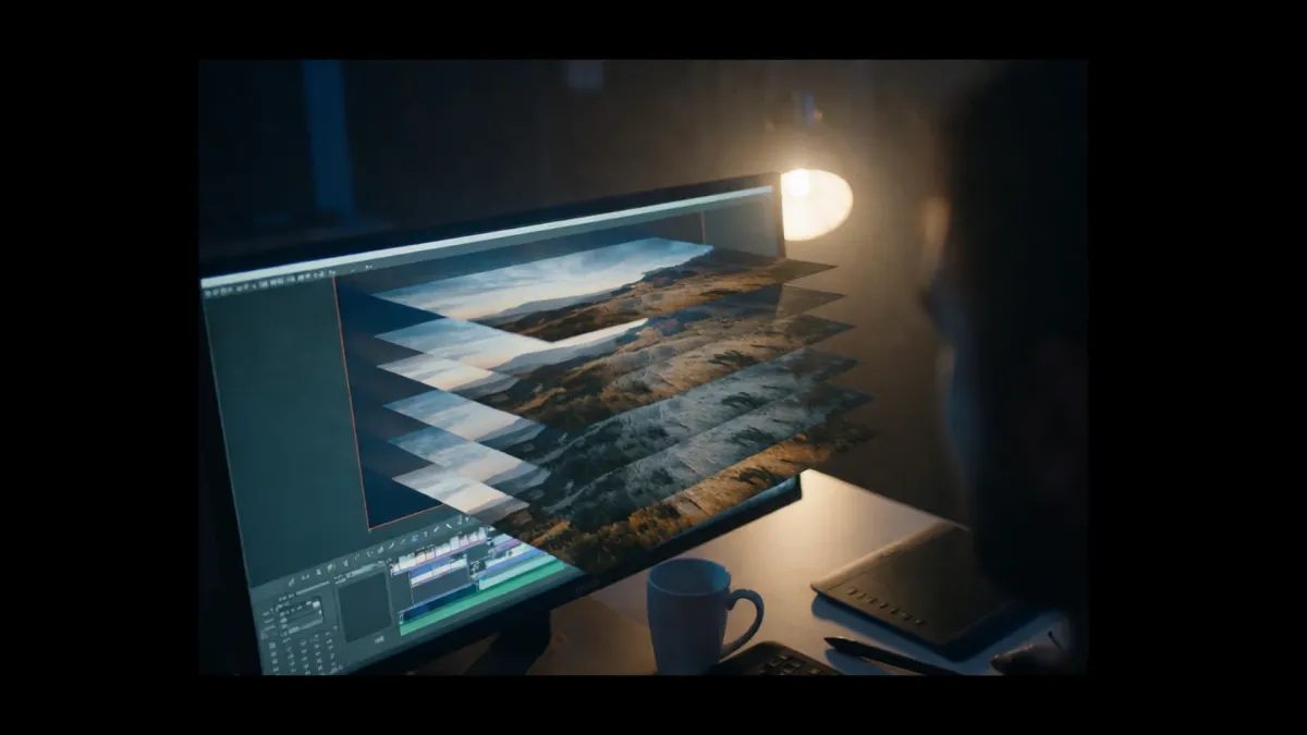 A compositing workstation in a darkened room, a landscape shot broken into layers across a wide display