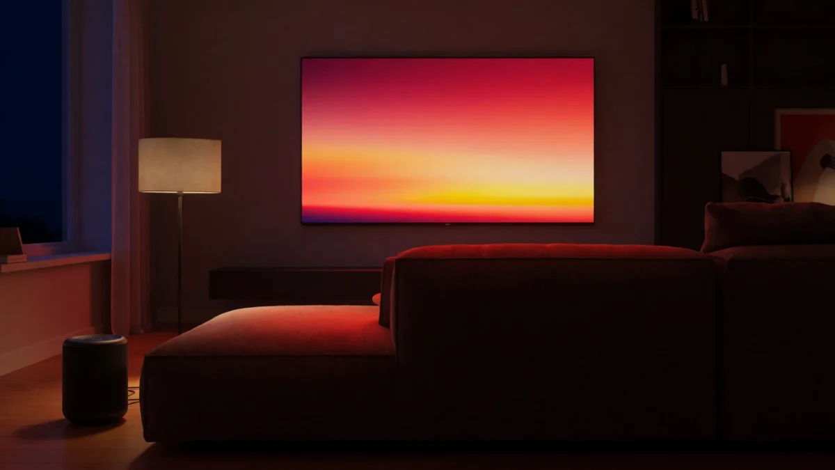 Ein dunkles Wohnzimmer, nur von einem großen Fernseher erhellt, Farbe fällt über den Boden