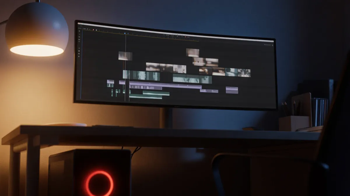 An editing timeline glowing on a monitor in a dim suite, clips laid out in sequence
