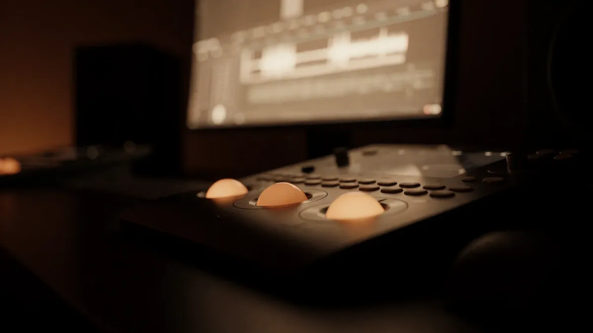 A colour grading panel at night, illuminated trackballs glowing warm against a dark suite