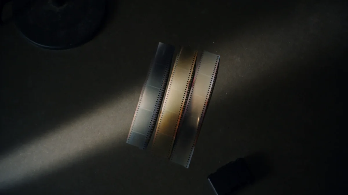 Drei Filmstreifen nebeneinander auf einem Leuchttisch, jeder von einem anderen Material