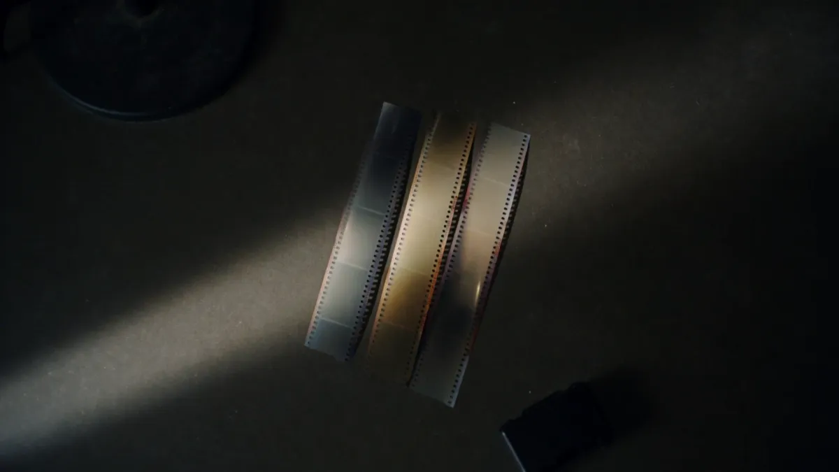 Three strips of film footage laid side by side on a lightbox, each a different stock
