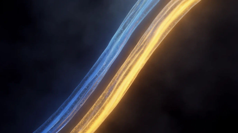 Two parallel ribbons of amber and blue light travelling side by side through haze