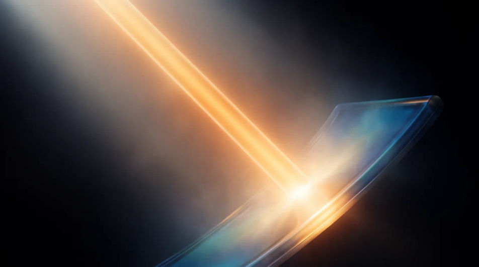 A beam of warm light falling across darkness onto a curved panel of glass
