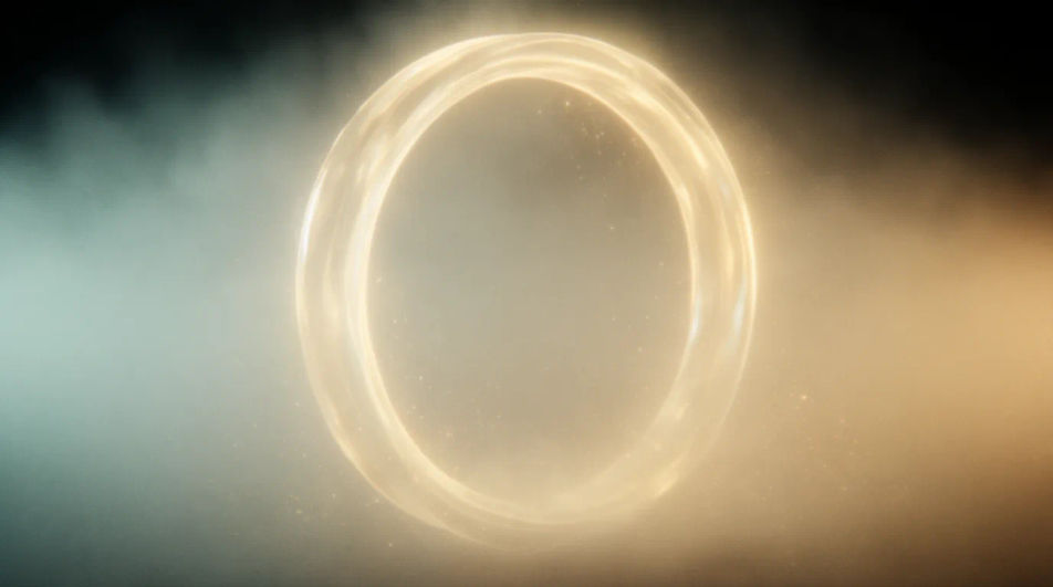 A ring of pale gold light standing upright in dense haze like a portal