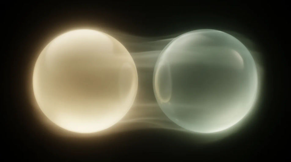 Two glowing translucent spheres facing each other with light passing between them