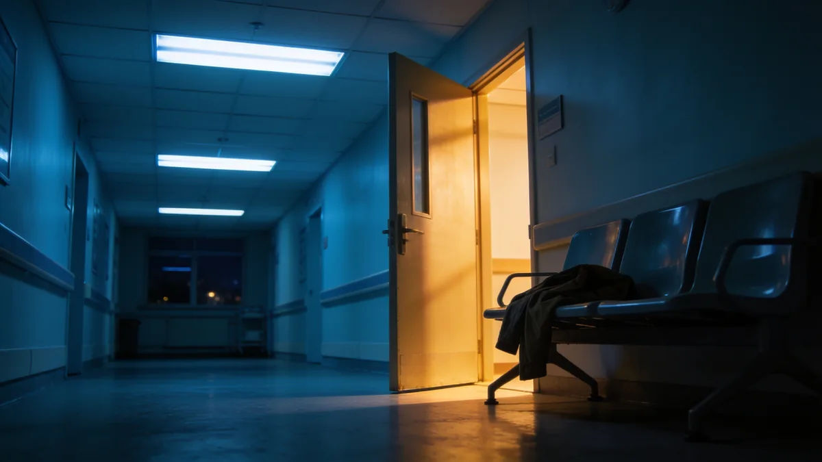 An empty hospital corridor at night with a coat left on a bench