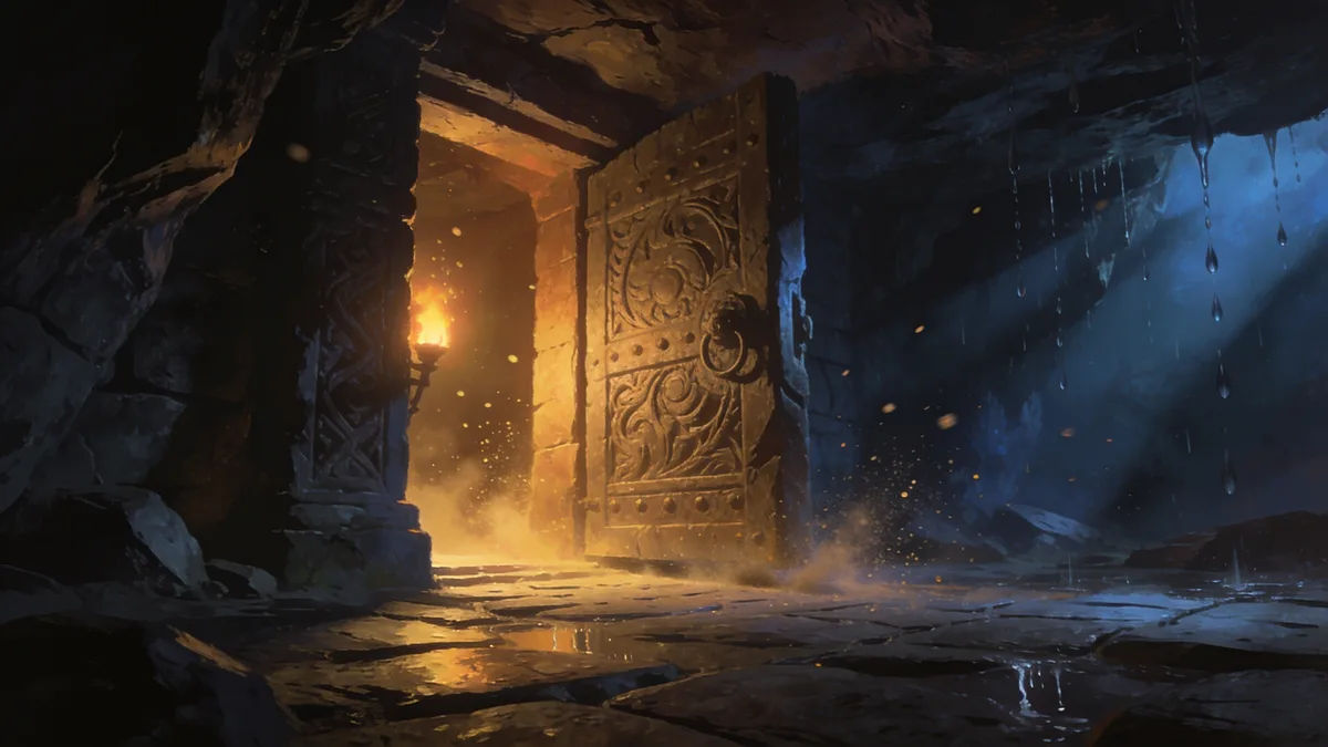 A carved stone gate opening in a torch-lit cavern