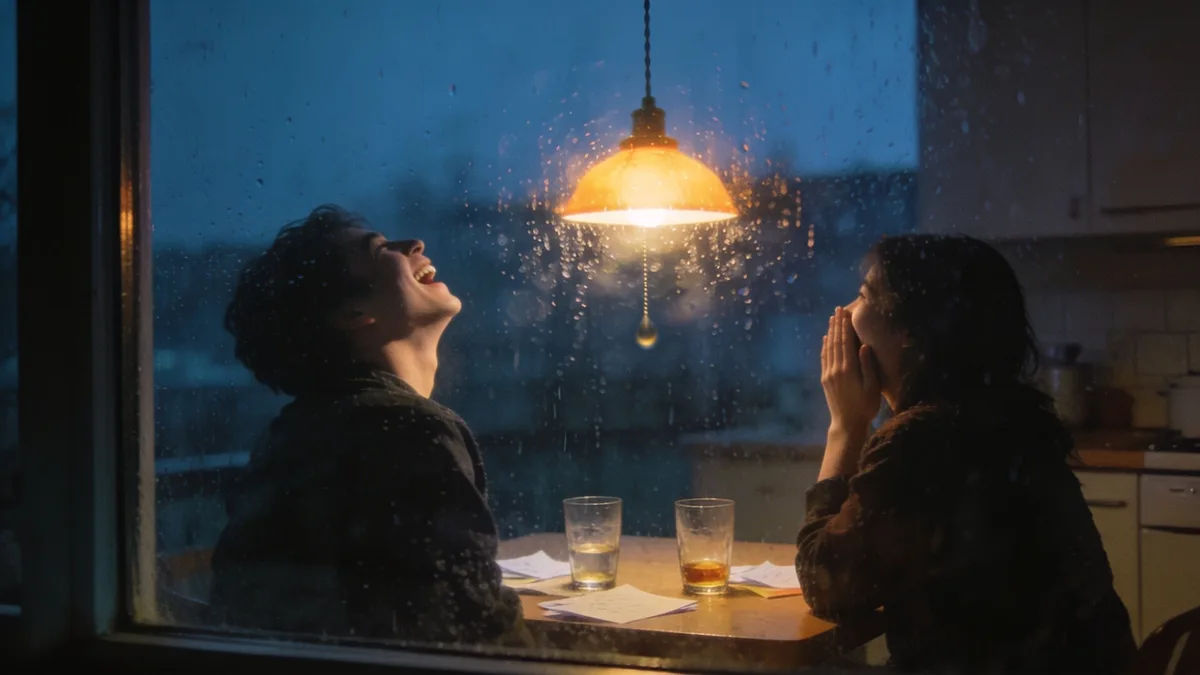 Two friends laughing at a kitchen table at night, seen through a rainy window