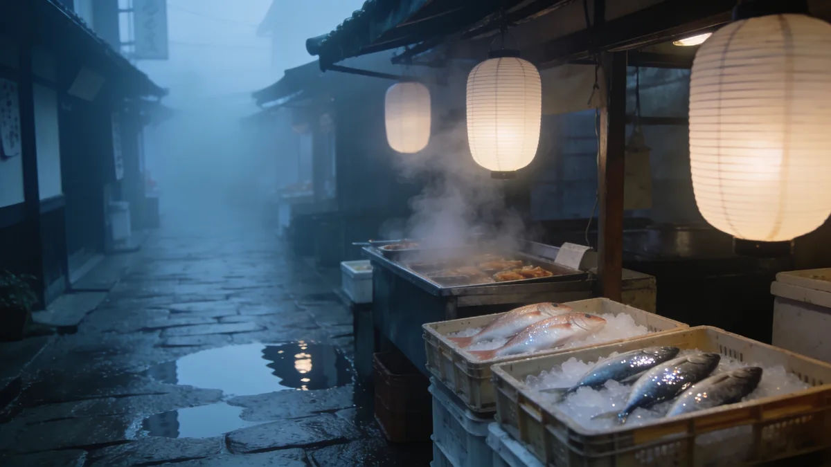 A quiet Japanese market lane at dawn with plain paper lanterns