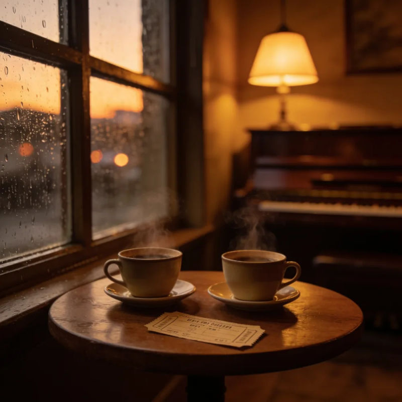 Two coffee cups and an old ticket stub on a café table by a rainy window