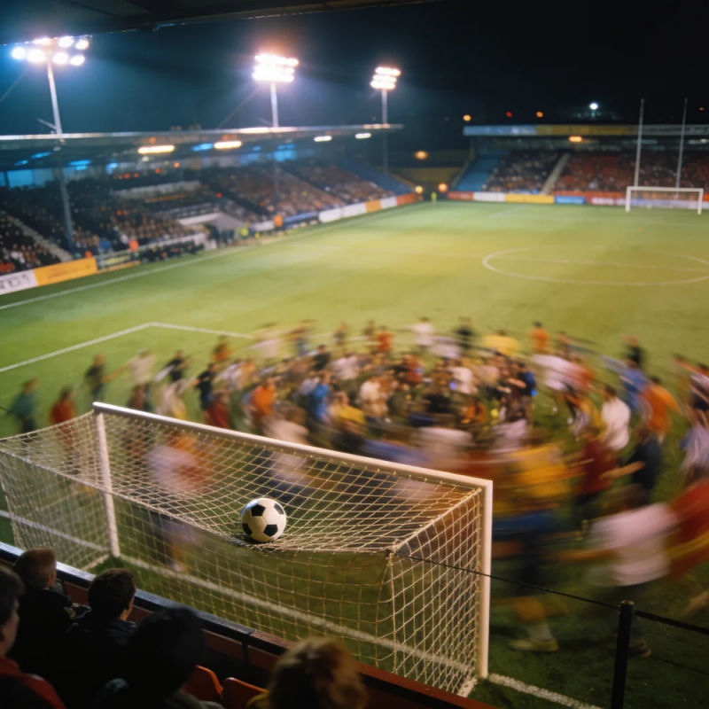A floodlit football stadium at night with the ball in the back of the net